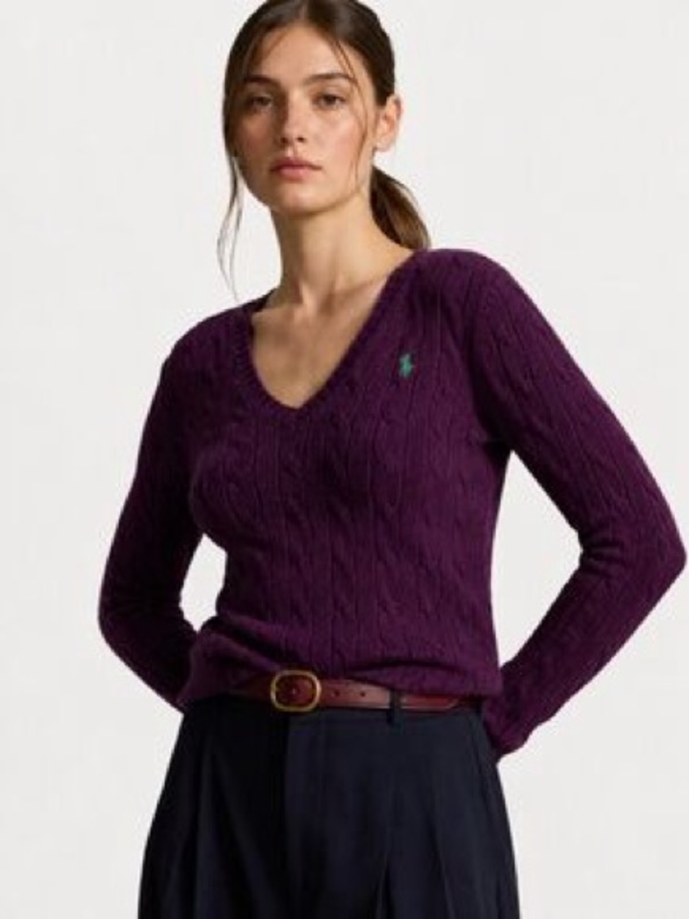 Ralph Lauren Deep Purple Cable-Knit V-Neck Sweater